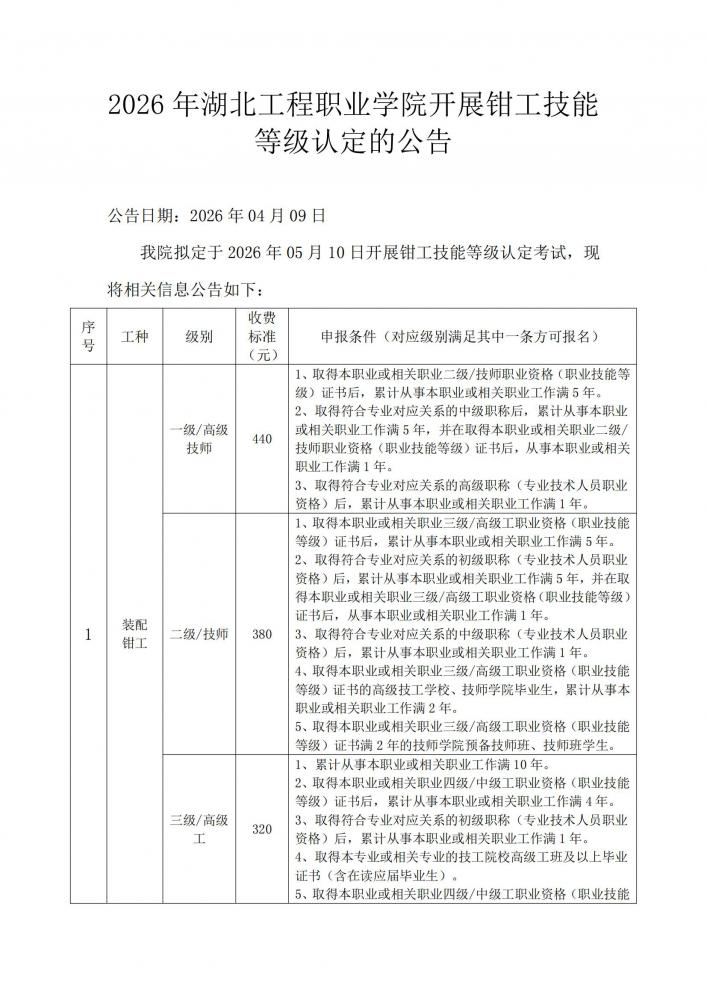 2026年湖北工程职业学院开展钳工技能等级认定的公告_00.jpg
