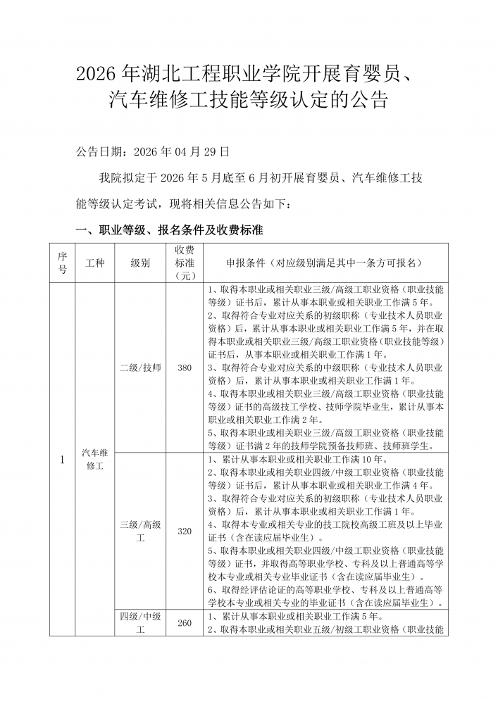 2026年湖北工程职业学院开展育婴员、汽车维修工职业技能等级认定的公告_01.png