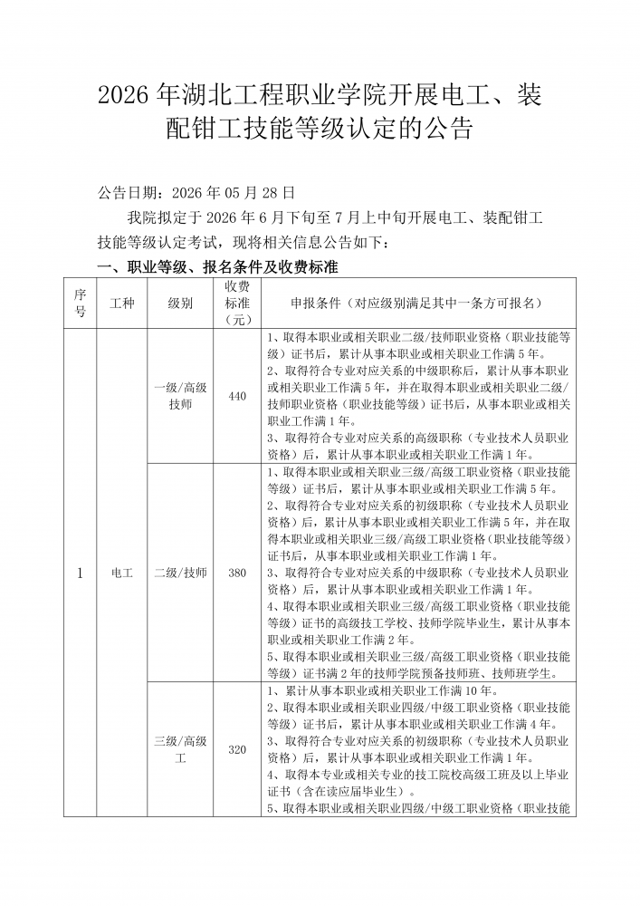 2026年湖北工程职业学院开展电工钳工职业技能等级认定考试的公告 (1)_01.png