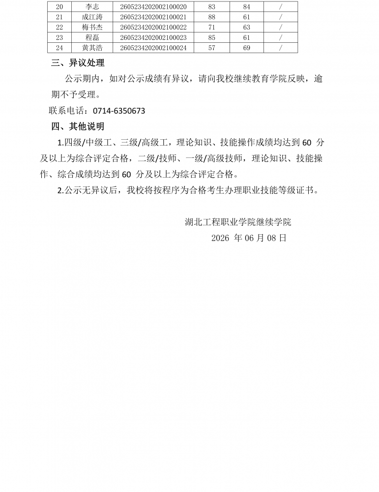 湖北工程职业学院关于 2026 年 5 月 23 日电工职业技能等级认定考试成绩的公示_02.png