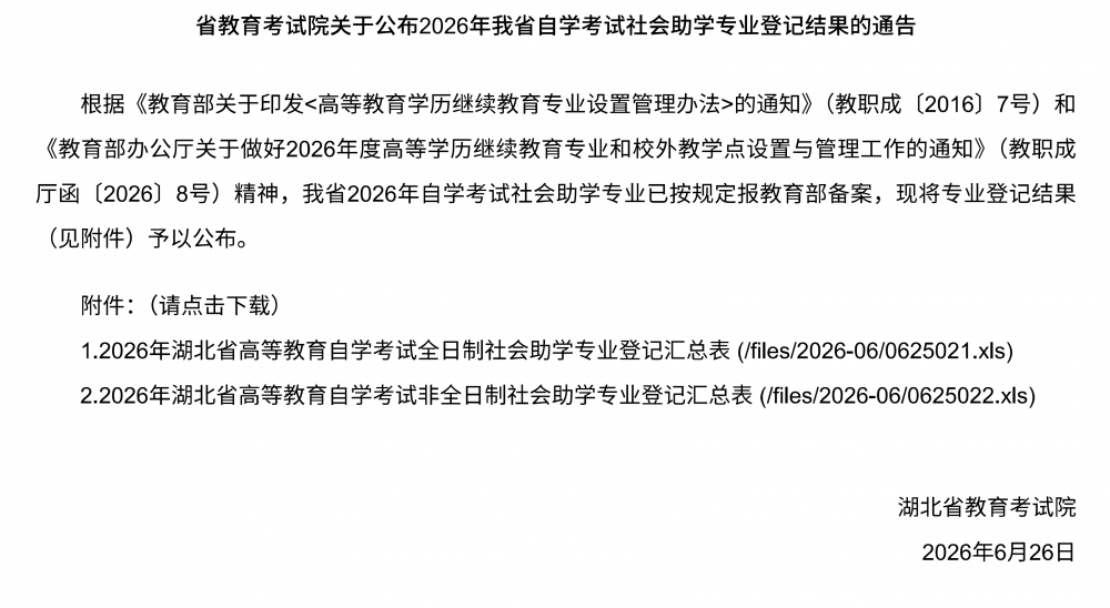 省教育考试院关于公布2026年我省自学考试社会助学专业登记结果的通告_01.png