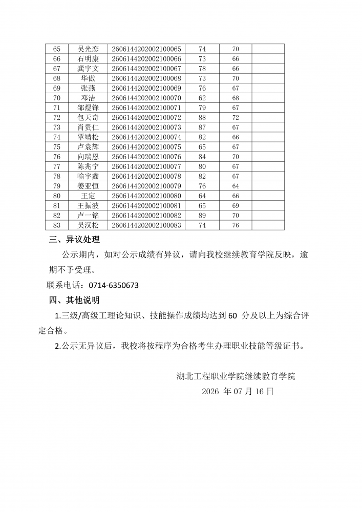 湖北工程职业学院关于 2026 年 6 月14 日汽车维修工职业技能等级认定考试成绩的公示_03.png