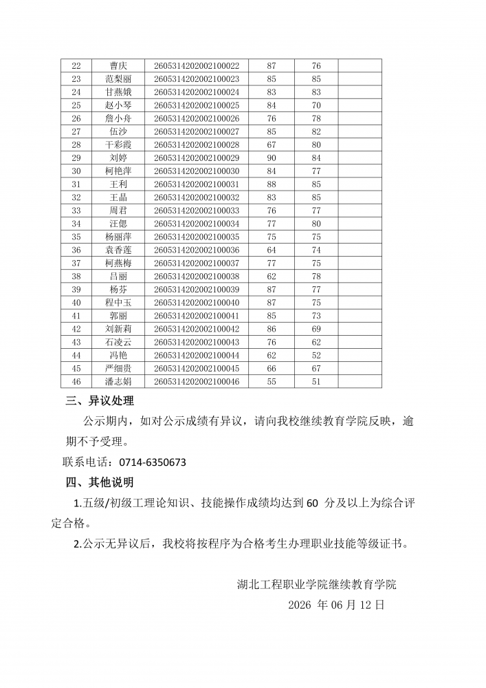湖北工程职业学院关于 2026 年 5 月31 日育婴员职业技能等级认定考试成绩的公示 (1)_02.png