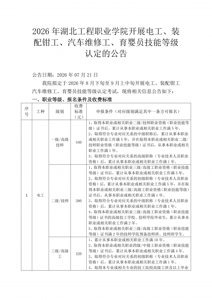 2026年湖北工程职业学院开展电工、装配钳工、汽车维修工、育婴员职业技能等级认定考试的公告_01.png